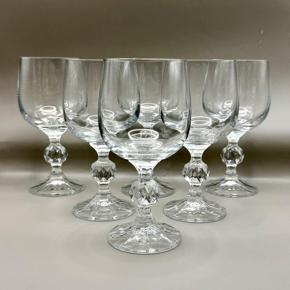 VTG‎ Bohemia Crystal "Claudia" Wine Glasses - Faceted Ball Stem 5 3/4" Set of 6